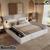 Bellemave® Upholstered Platform Bed Frame with Massive Hidden Storage, Modern Bouclé Fabric Bed with Built-in Nightstands & LED Reading Lights, Wood Slats - Bellemave