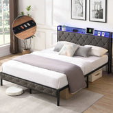 Bellemave® Upholstered Platform Bed with Heavy Metal Slats with Storage Headboard, Charging Station and LED Lights - Bellemave