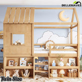 Bellemave® Wood House Loft Bed Frame with Stairs and Storage Shelves - Bellemave