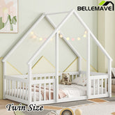 Bellemave® Wood House - Shaped Floor Bed with Fence and Guardrails - Bellemave