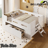 Bellemave® Wood Twin Size Montessori Bed Frame with Guardrail & 1 Large Storage Drawer & Ladder, Wood Platform Bed for Kids - Bellemave