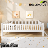 Bellemave® Wood Twin Size Platform Bed with Guardrail, Kids Bed Frame with Stairs - Bellemave