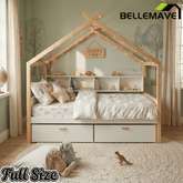 Bellemave® Wooden House Bed with Two Drawers & Bookshelf Storage Space, Original Wood Colored Frame with Roof & Slats Support for Teens Bedroom - Bellemave