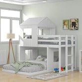 Bellemave® Twin over Full House Bunk Bed with Playhouse and Farmhouse,Ladder and Guardrails - Bellemave