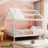 Bellemave® Twin Size Wood House Bed with Fence - Bellemave