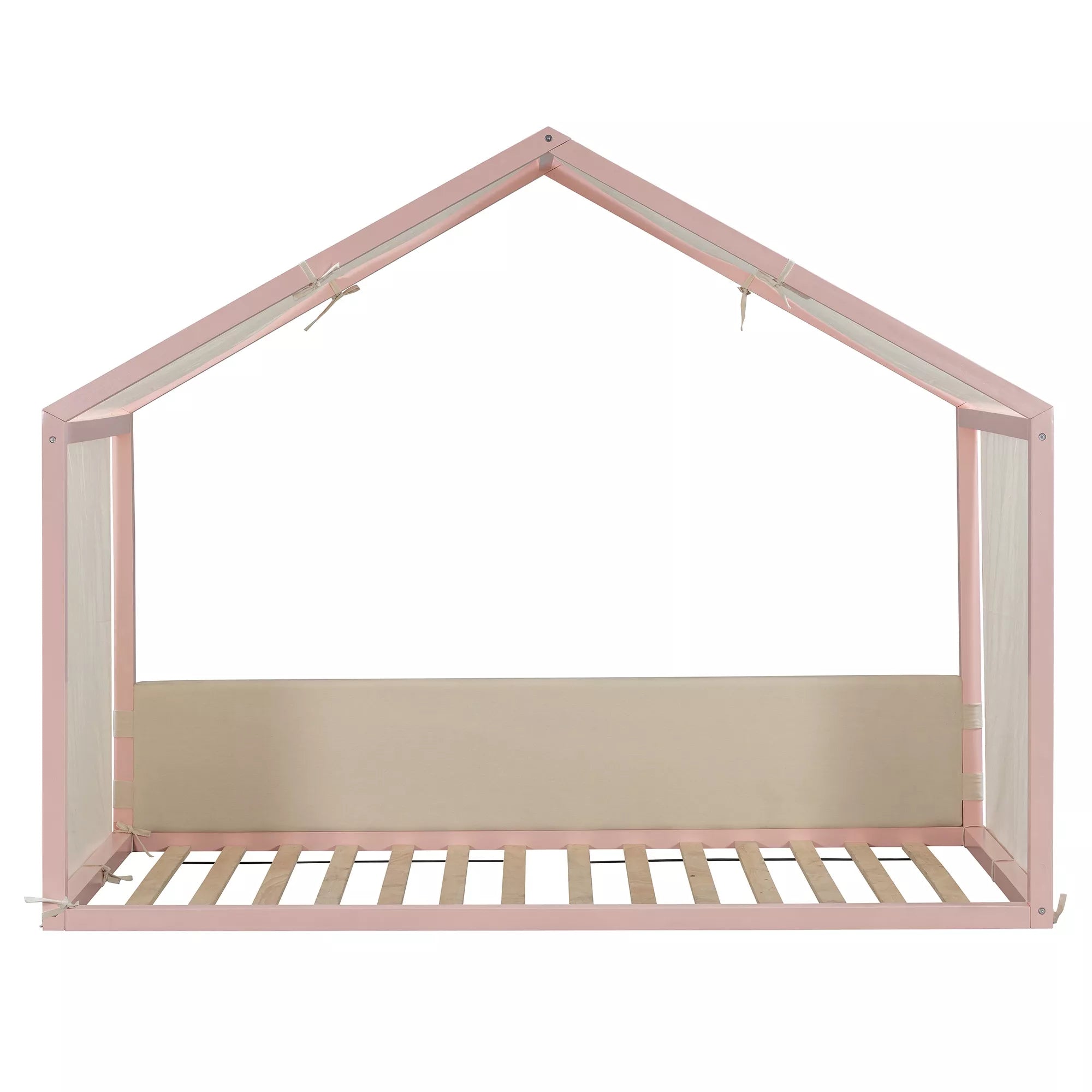 twin size canopy bed with upholstered panels and linen canopy