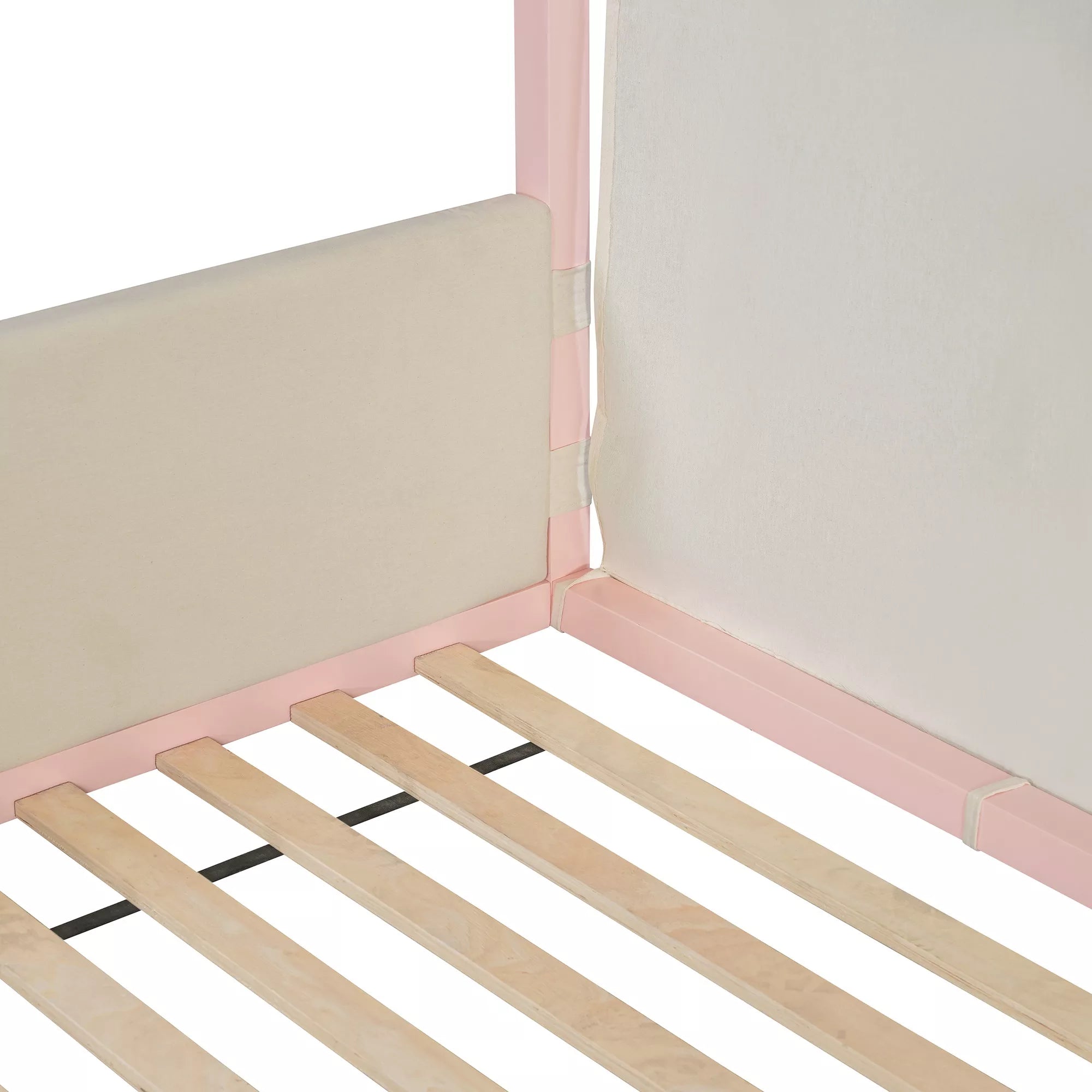 velvet upholstered canopy bed frame details
