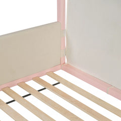 velvet upholstered canopy bed frame details