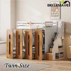 Bellemave® Twin Size Loft Bed with Two-Tone Storage Stairs and Pull-Out Wardrobe