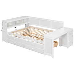 Bellemave® Full Corner Bed Frame, Full Size Captain beds with Storage Cabinets & Desk, Wood Daybed with Bookcase, Trundle & Drawers Bellemave®
