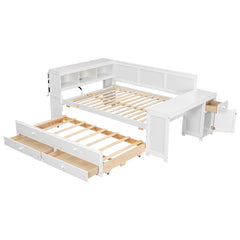 Bellemave® Full Corner Bed Frame, Full Size Captain beds with Storage Cabinets & Desk, Wood Daybed with Bookcase, Trundle & Drawers Bellemave®