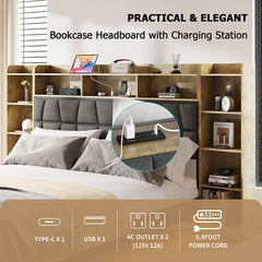 Bellemave® Queen Size  Upholstered Platform Bed with LED Light, Bookcase Storage Headboard and Charging Station