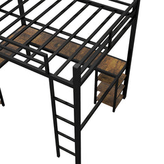 Bellemave® Metal Loft Bed with Desk and Shelves, Ladder and Guardrails