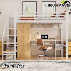 Bellemave® Twin Size Metal Loft Bed With Desk, Shelf, Wardrobe and Storage Staircase