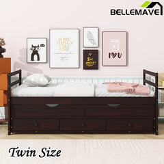 Bellemave® Twin Size Pine Wood Daybed with Trundle and Three Storage Drawers