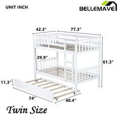 Bellemave® Twin Size Rubber Wood Bunk Bed with Trundle Bed, Convertible into 2 Twin Size Beds