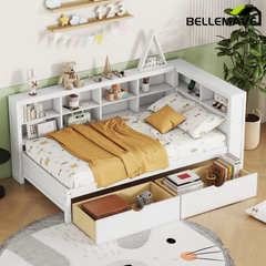 Bellemave® Full Corner Bed Frame, Wood Full Size Daybed with L-Shaped Bookcase & USB Ports - Choose Twin Trundle or 2 Drawers, White