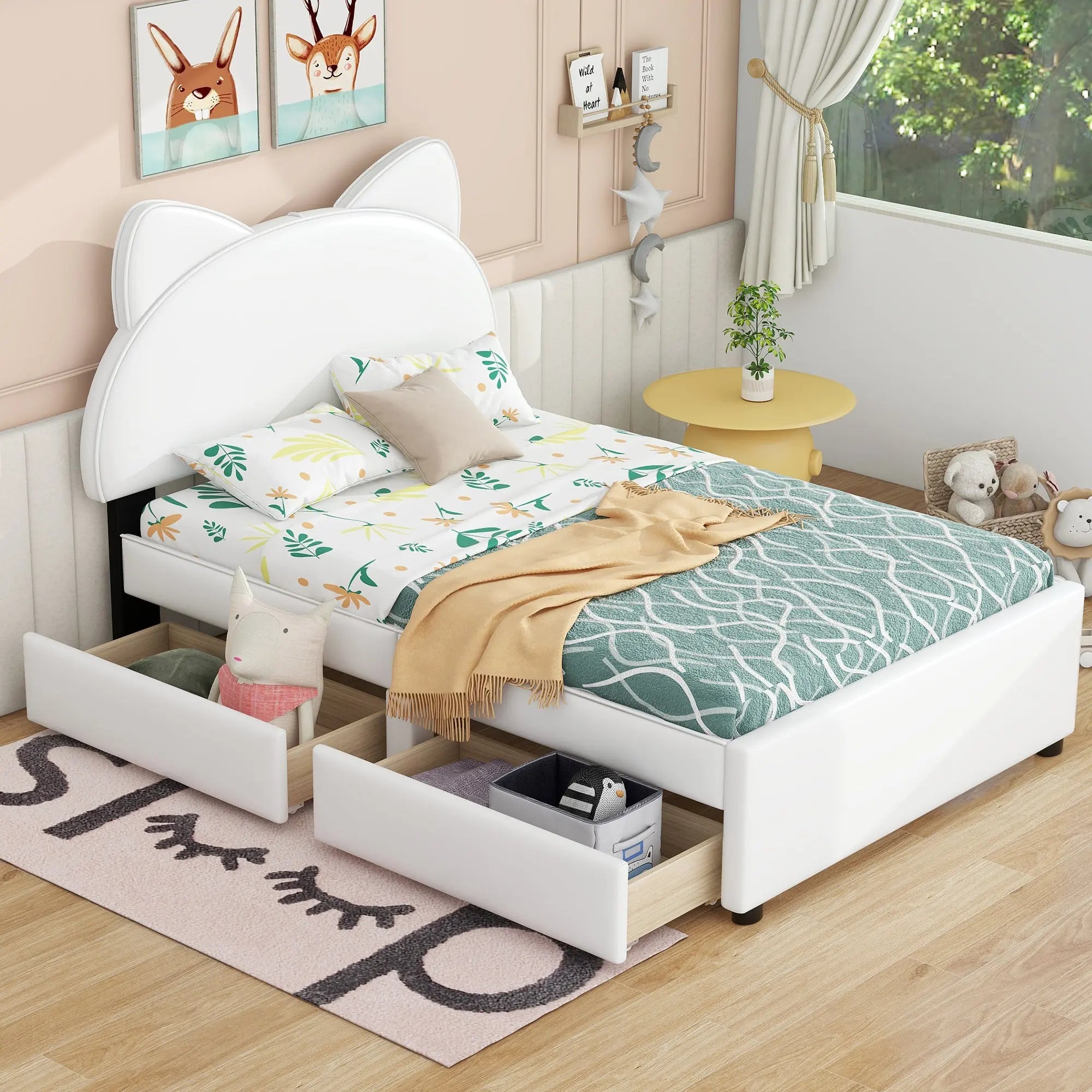 Bellemave® Upholstered Platform Bed with Cartoon Ears Shaped Headboard and 2 Drawers Bellemave®