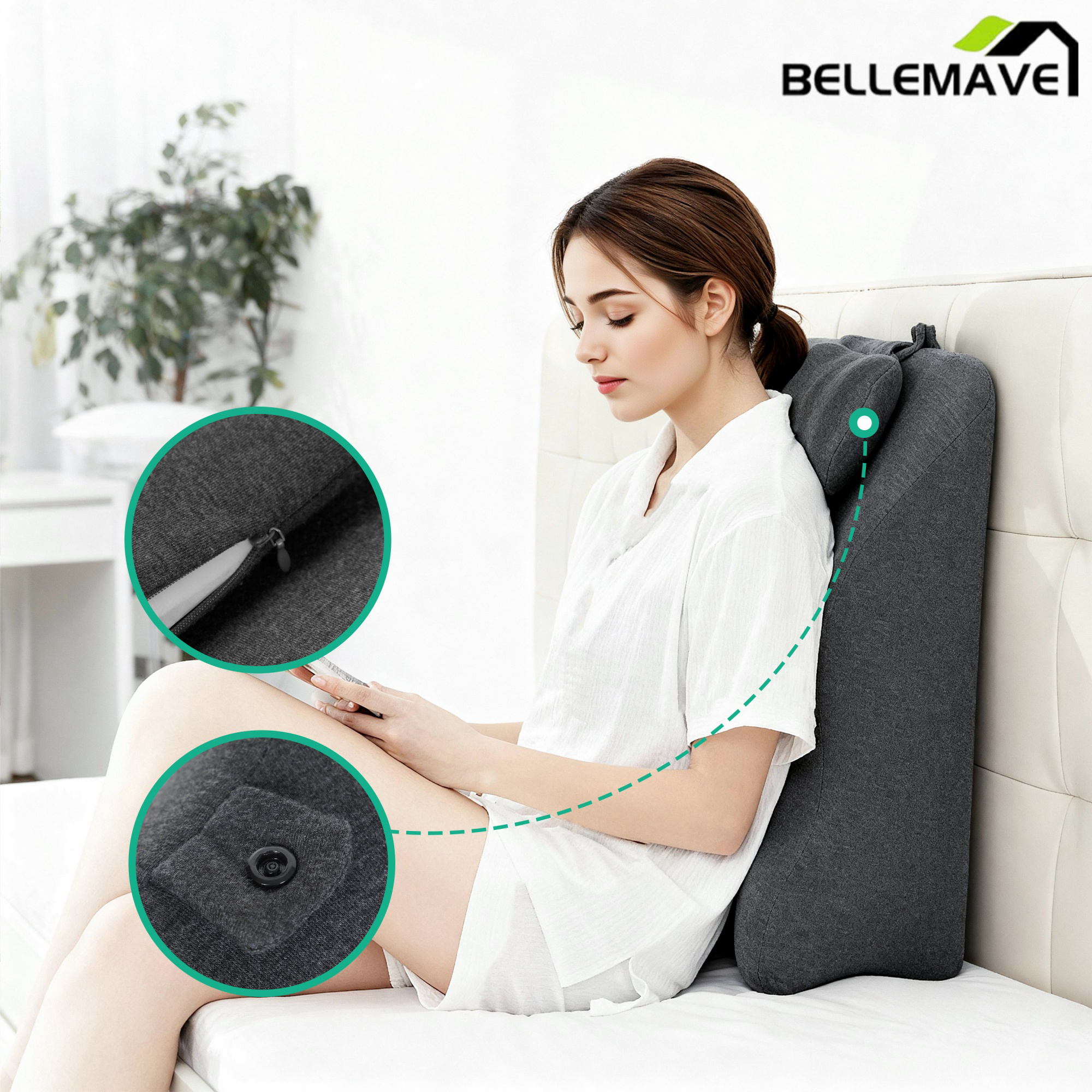 Bellemave® Multi-Functional Pillow Ergonomic Wedge Backrest, Reading Pillow for Bed Rest, Couch Back Support Pillow for Sitting up, Ergonomic Memory Foam Pillow with Removable Cover - Gray Bellemave®