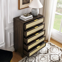 Bellemave® Modern Rattan Dresser with 5 Drawers and Metal Handles