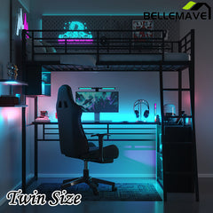 Bellemave® Metal Loft Bed with LED, Desk and 4 Storage Shelves