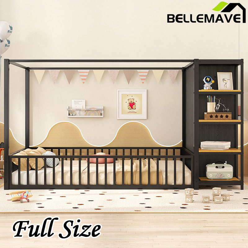 Bellemave® Metal Floor Bed with Storage Shelves and Wardrobe