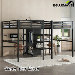 Bellemave® Twin Over Twin Metal Loft Bed with Double Desk, Wardrobe and Shelves with Electrical Outlet