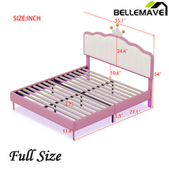 Bellemave® Upholstered Princess Bed with Crown Headboard, Light Strips and Golden Metal Legs