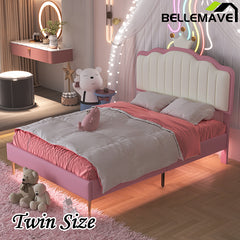 Bellemave® Upholstered Princess Bed with Crown Headboard, Light Strips and Golden Metal Legs