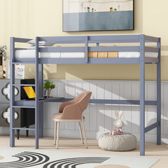 Bellemave® Twin Size Rubber Wood High Loft Bed with Safety Guardrail, Built-in Desk and Ladder