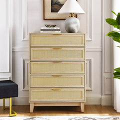 Bellemave® Modern Rattan Dresser with 5 Drawers and Metal Handles