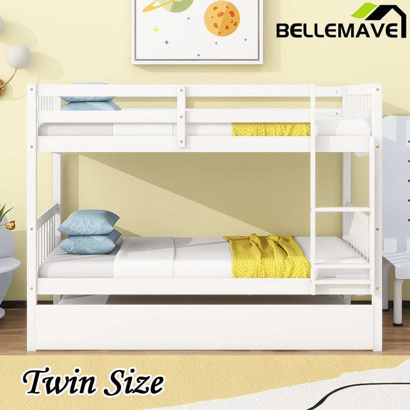 Bellemave® Twin Size Rubber Wood Bunk Bed with Trundle Bed, Convertible into 2 Twin Size Beds