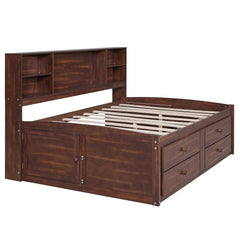 Bellemave Full Size Wooden Captain Bed with Built-in Storage Shelves, 4 Drawers and 2 Cabinets, Antique Brown Bellemave