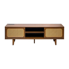 Bellemave® Mid Century Modern Rattan TV Stand with Solid Wood Feet & Rattan Cabinet Doors