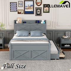 Bellemave® Wooden Platform Bed with Storage Headboard with Outlets, Twin Size Trundle with Three Storage Drawers