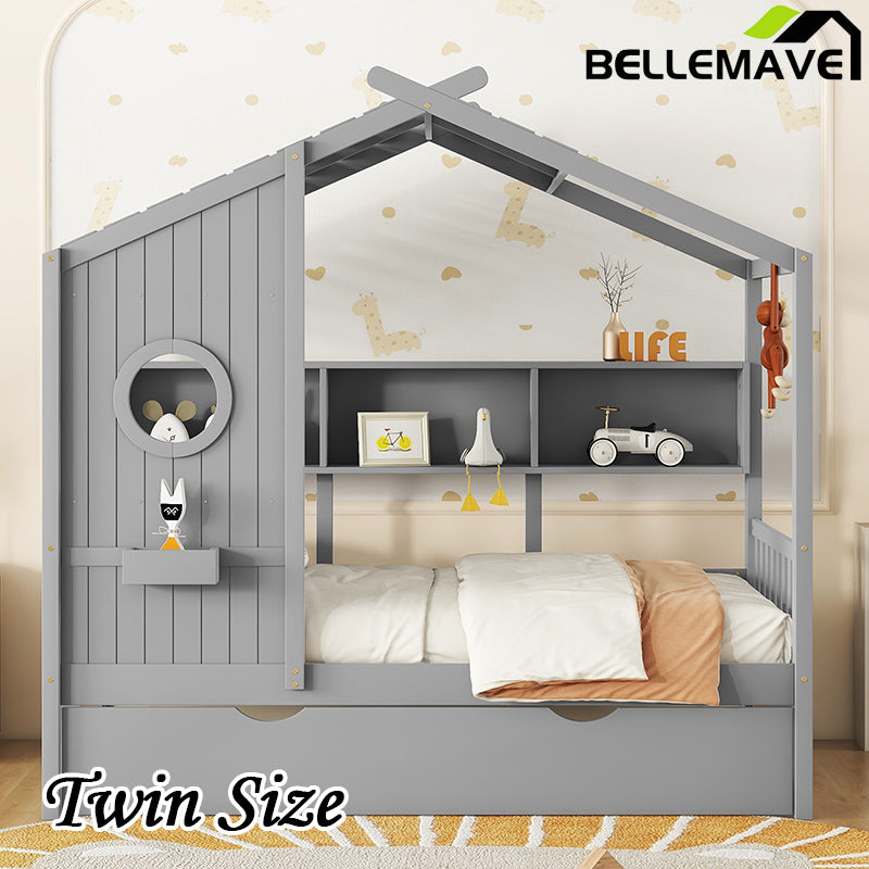 Bellemave® Wooden House Bed with Trundle and Storage Shelf