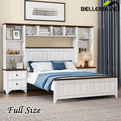 Bellemave® Solid Pine Wood Platform Bed with All-In-One 2 Nightstand Bookcase and Storage Shelf