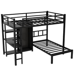 Bellemave® Full XL over Twin Metal Bunk Bed with Desk and Bookshelf ,Storage Shelves and Wardrobe