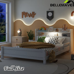 Bellemave® Pine Wood Bed with Bookcase Headboard ,LED Motion Sensor Light and Guardrails