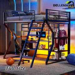 Bellemave® Full Size Metal Gaming Loft Bed with Built-in Work Station, Open Wardrobe, LED and Multiple Storage