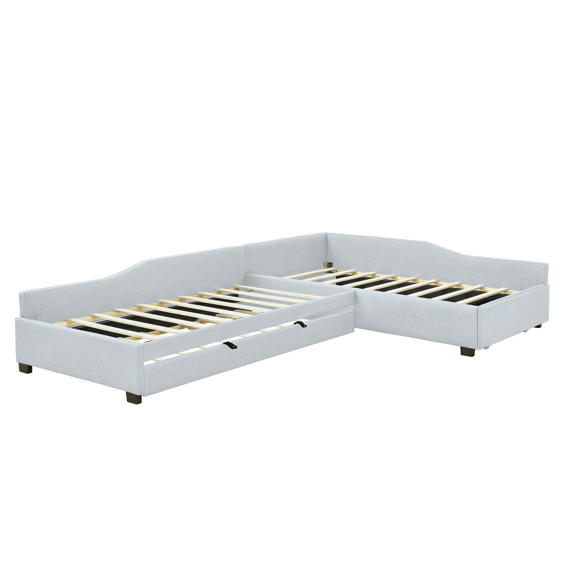Bellemave® L-Shape Platform Bed Twin Size Upholstered Daybed with Trundle & Storage Drawer, Linen Corner Day Bed Frame for 3 Kids Bellemave®