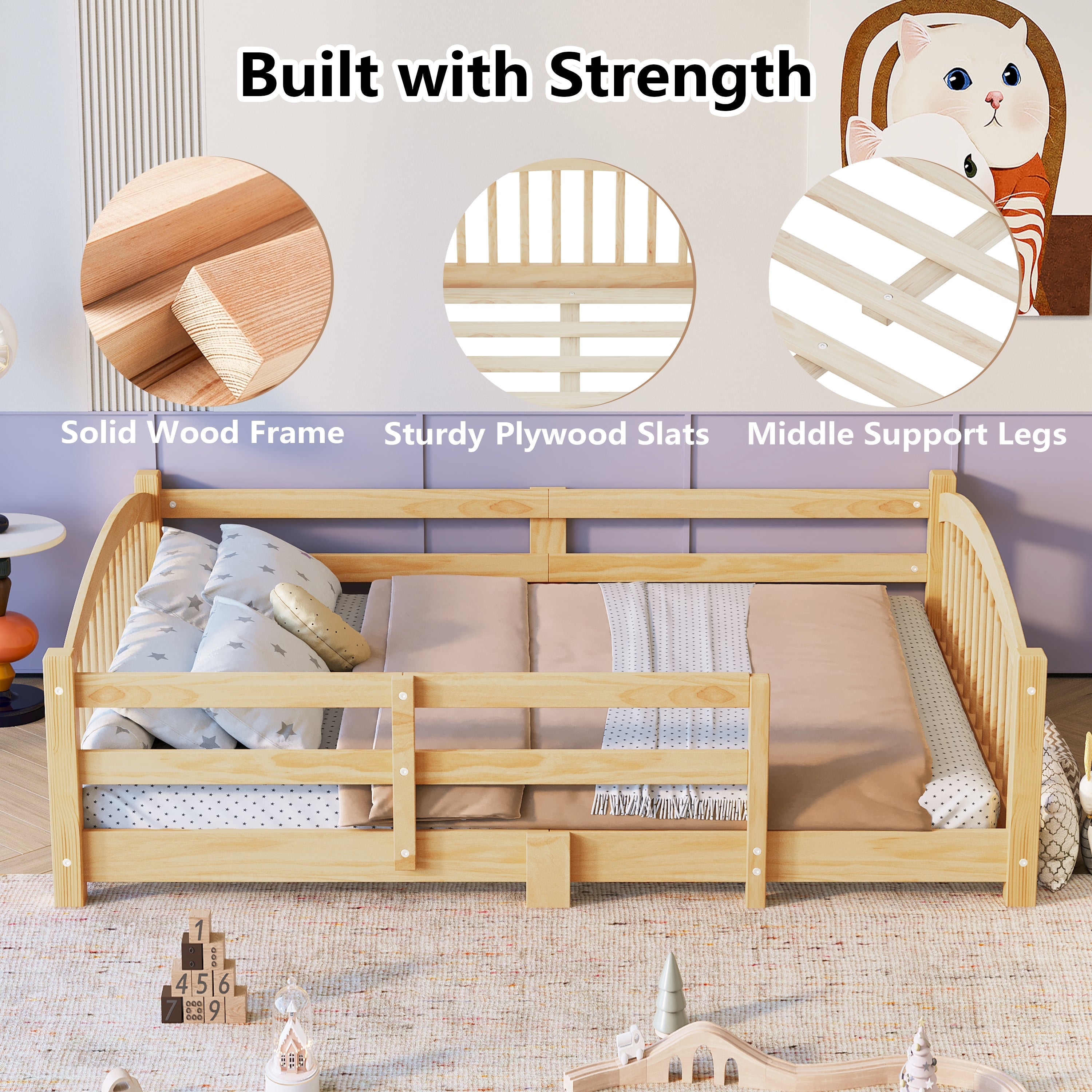 Bellemave® Twin Size Montessori Floor Bed with Slats, Rails,Fence & Headboard, White Bellemave®