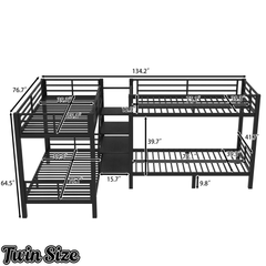 Bellemave® Twin Size Quad Bunk Bed with Storage Stairs and Shelves, Metal Twin Bunk Beds Frame with Safety Guardrails for Kids Teens (Black/Quad) Bellemave®