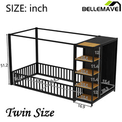 Bellemave® Metal Floor Bed with Storage Shelves and Wardrobe