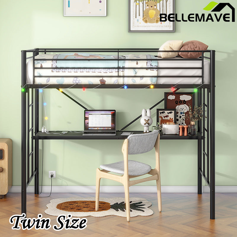 Bellemave® Twin Size Metal Loft Bed with Desk, Power Outlet and LED Lighted , Safety Guard & Ladder