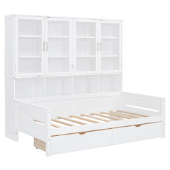 Bellemave® Wooden Daybed with Glass-Door Storage Cabinets, Built-in LED Lighting and Shelves