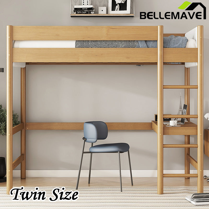 Bellemave® Twin Size Rubber Wooden Loft Bed with Desk and Ladder, Safety Guardrails and Teddy Fleece Fabric Headboard/Footboard