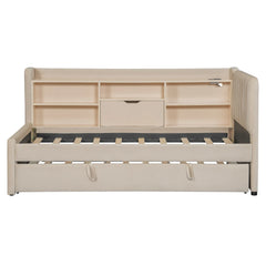 Bellemave® Twin Size Upholstered Daybed with Trundle, Storage Shelves, USB & Outlet