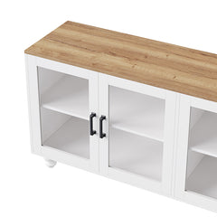 Bellemave® 63" Farmhouse TV Stand with Tempered Glass Doors,Adjustable Shelves and 5 Solid Wood Gourd-Shaped Legs