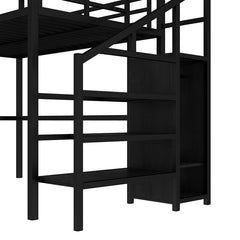 Bellemave® Metal High Loft Bed with L-shaped Desk and USB, Wardrobe and Adjustable Shelf, LED Light